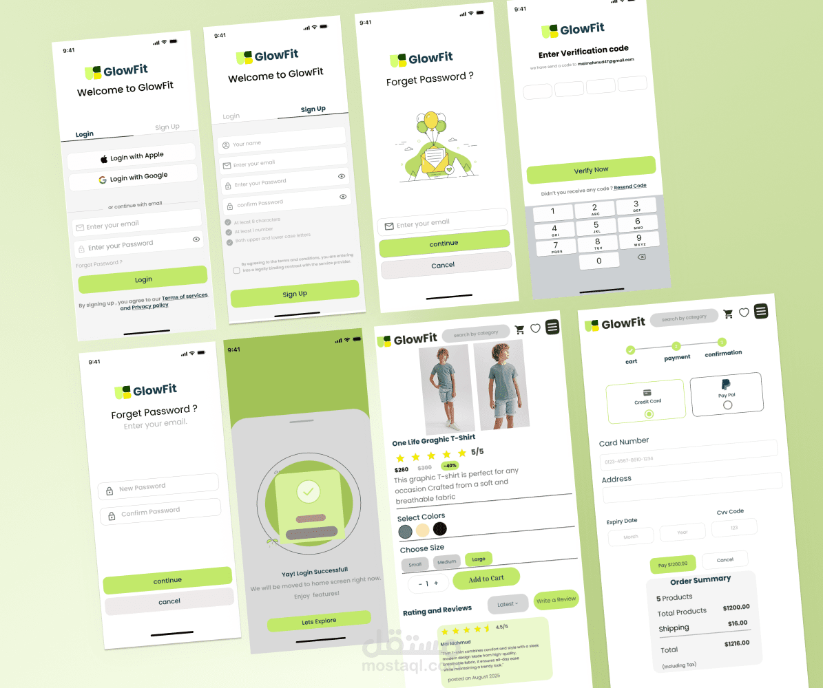 تصميم واجهة تطبيق متجر إلكتروني لبيع الملابس (GlowFit) بتجربة مستخدم سلسة واحترافية
