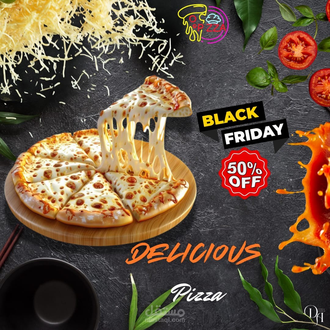 تصميم إعلان ترويجي لمطعم بيتزا – عرض Black Friday