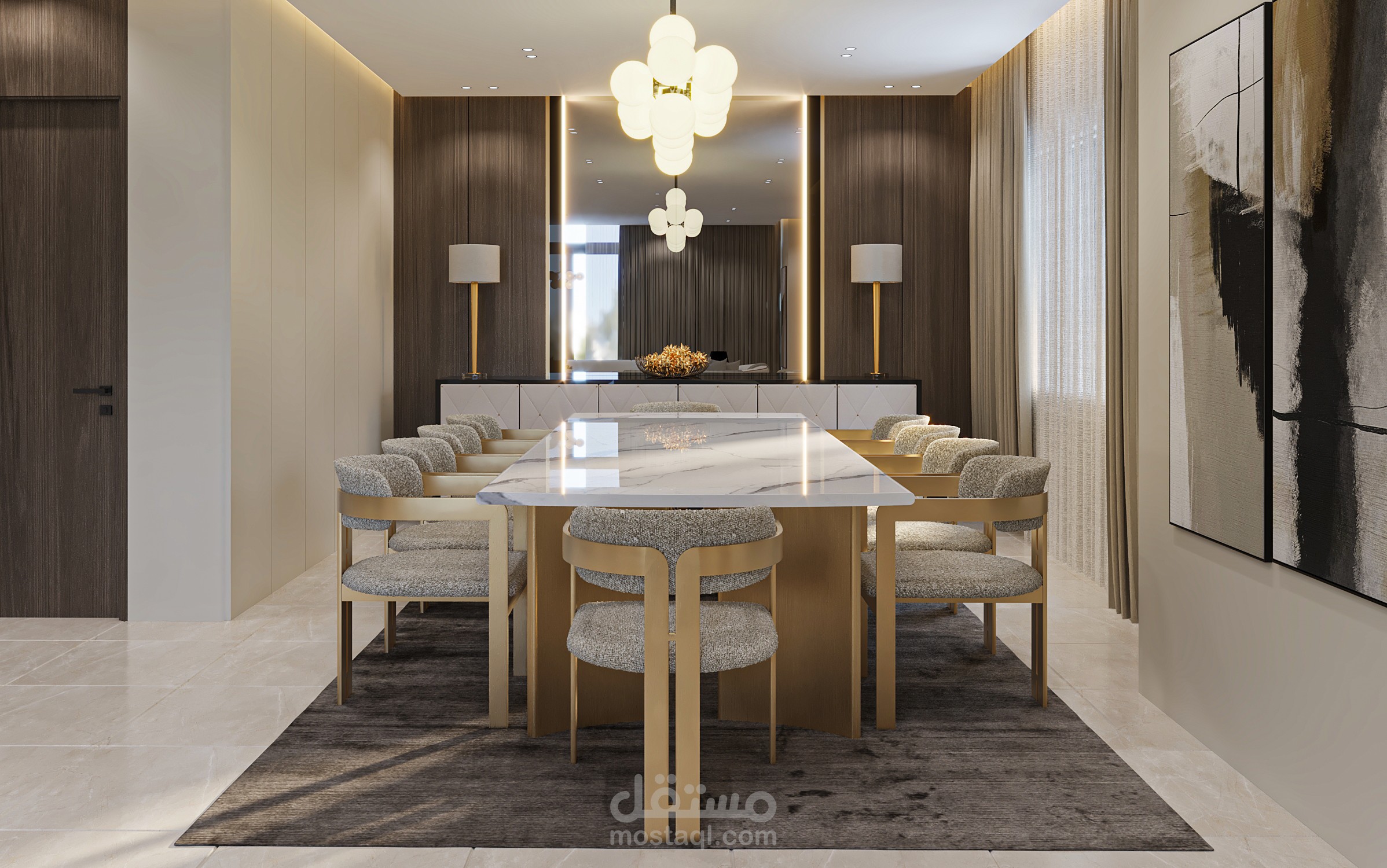 تصميم صاله استقبال مع طاوله طعام