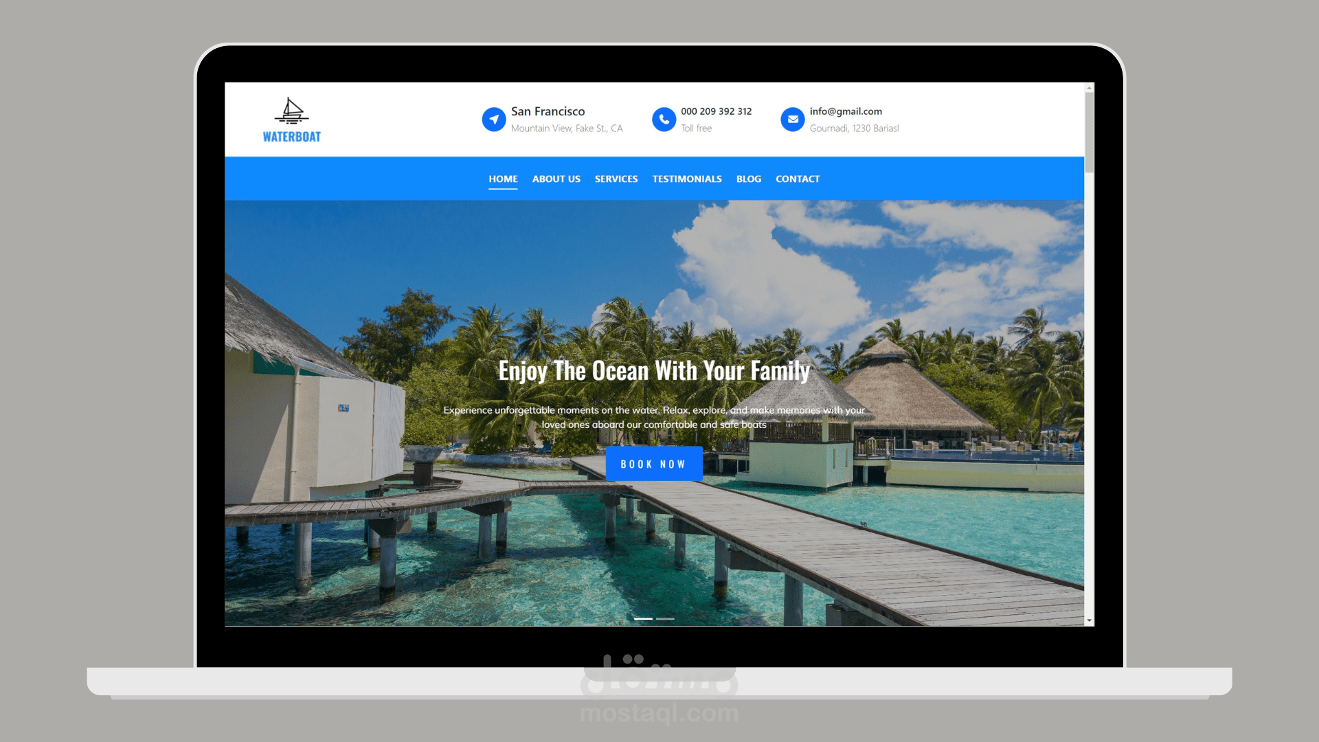 Water boat صفحة هبوط ترويجية لخدمات الرحلات البحرية بتصميم تفاعلي ومتجاوب