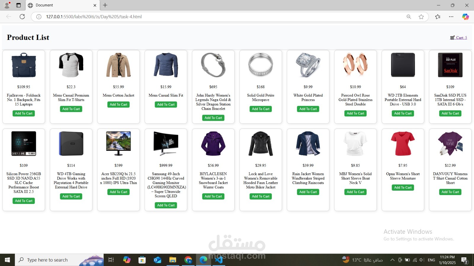 Creating a **Card Page**, focusing on the **JavaScript functionality**, including the use of **Local Storage** and a **Counter** for products.