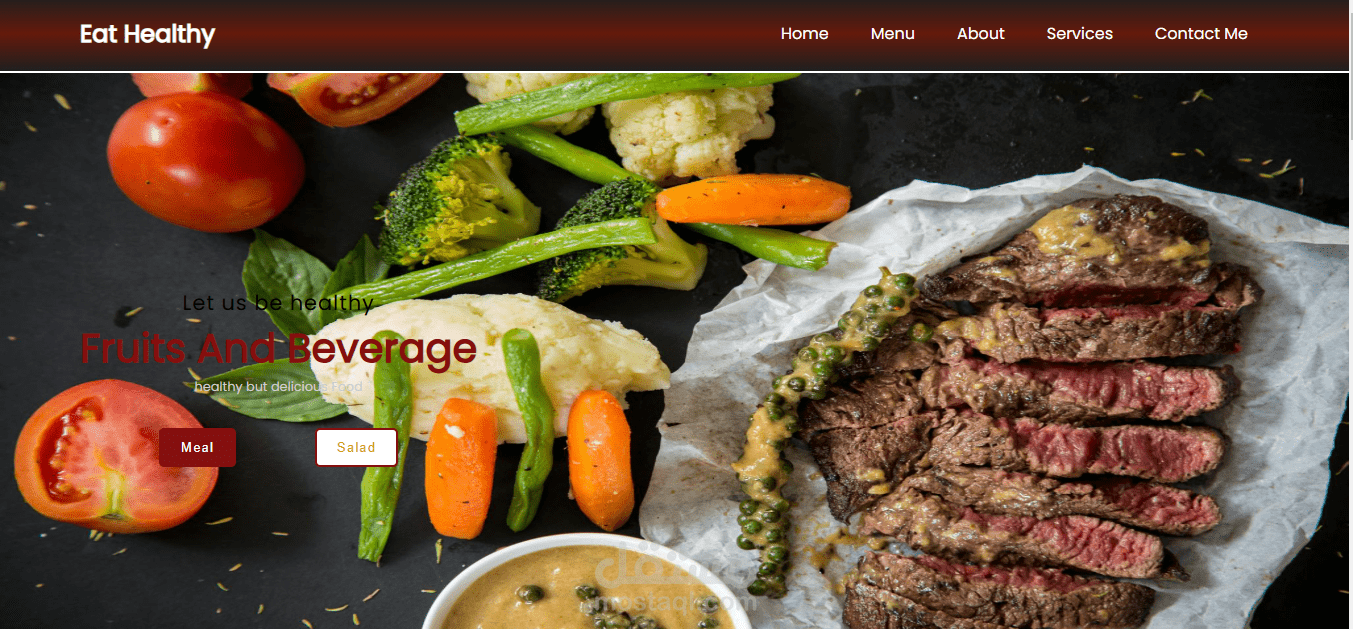 تصميم متألق لموقع إليكتروني يعرض أطعمة متنوعة.