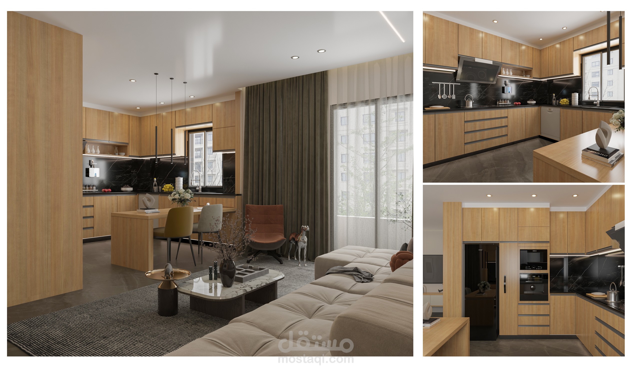 تصميم مطبخ بليفينج و غرفتين 3dmax