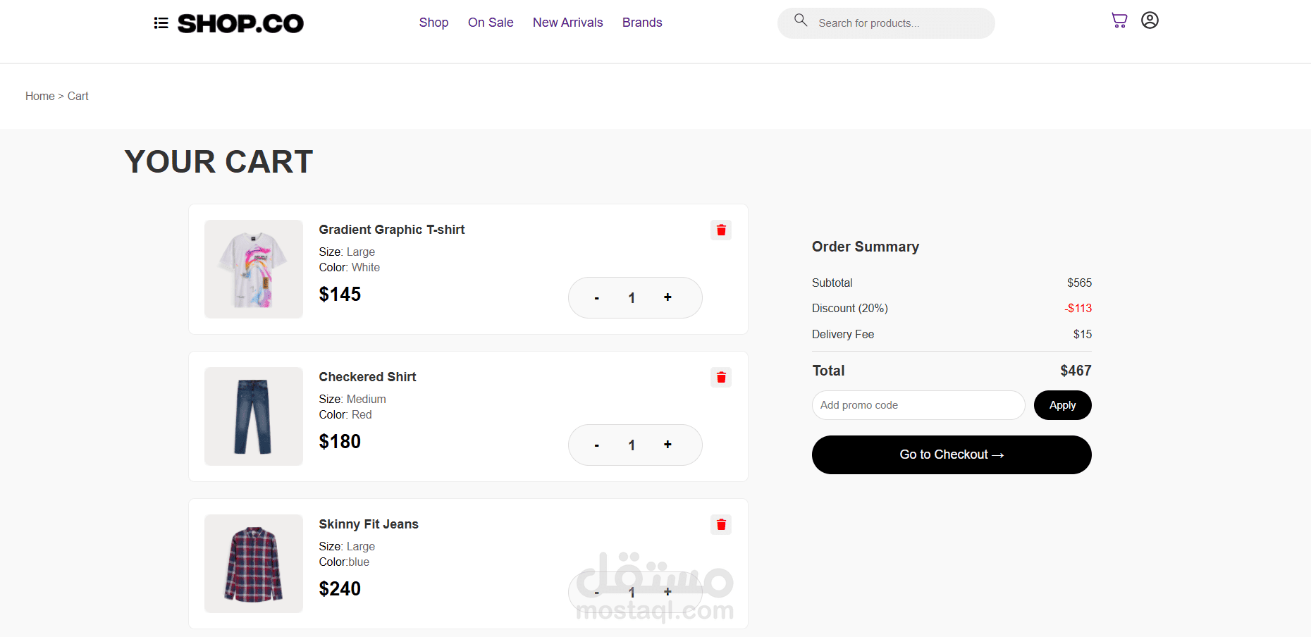 تصميم Front-End لصفحة Cart لمتجر ملابس