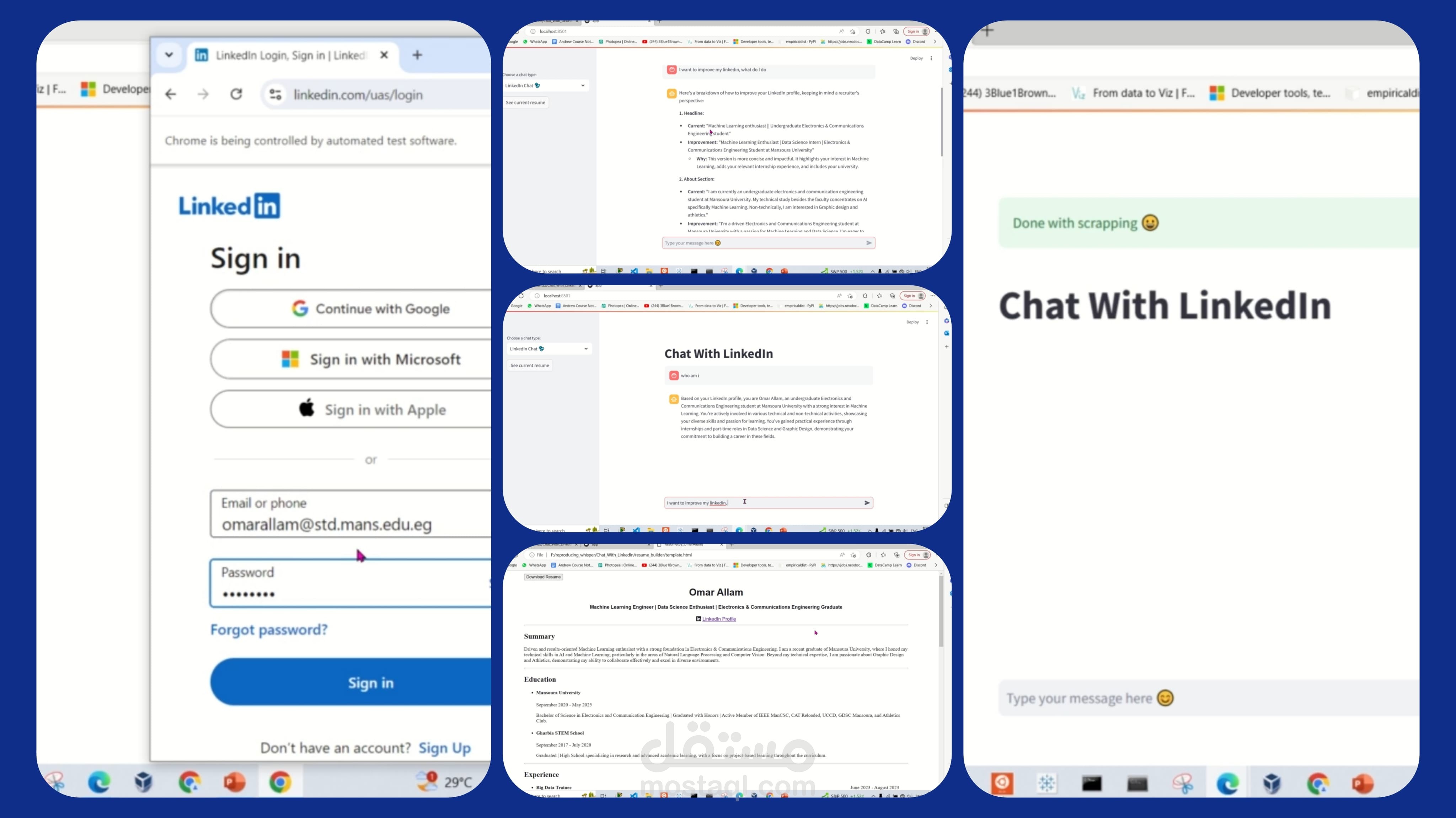 تطبيق ويب يتيح للمستخدم التفاعل مع حساب لينكدإن الخاص به بغرض تحسينه ويتيح أيضا عمل سيرة ذاتية من خلال بيانات حساب لينكدإن