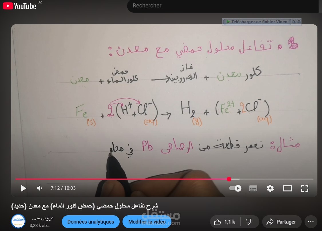 شرح تفاعل محلول حمضي (حمض كلور الماء) مع معدن (حديد) في فيديو تعليمي
