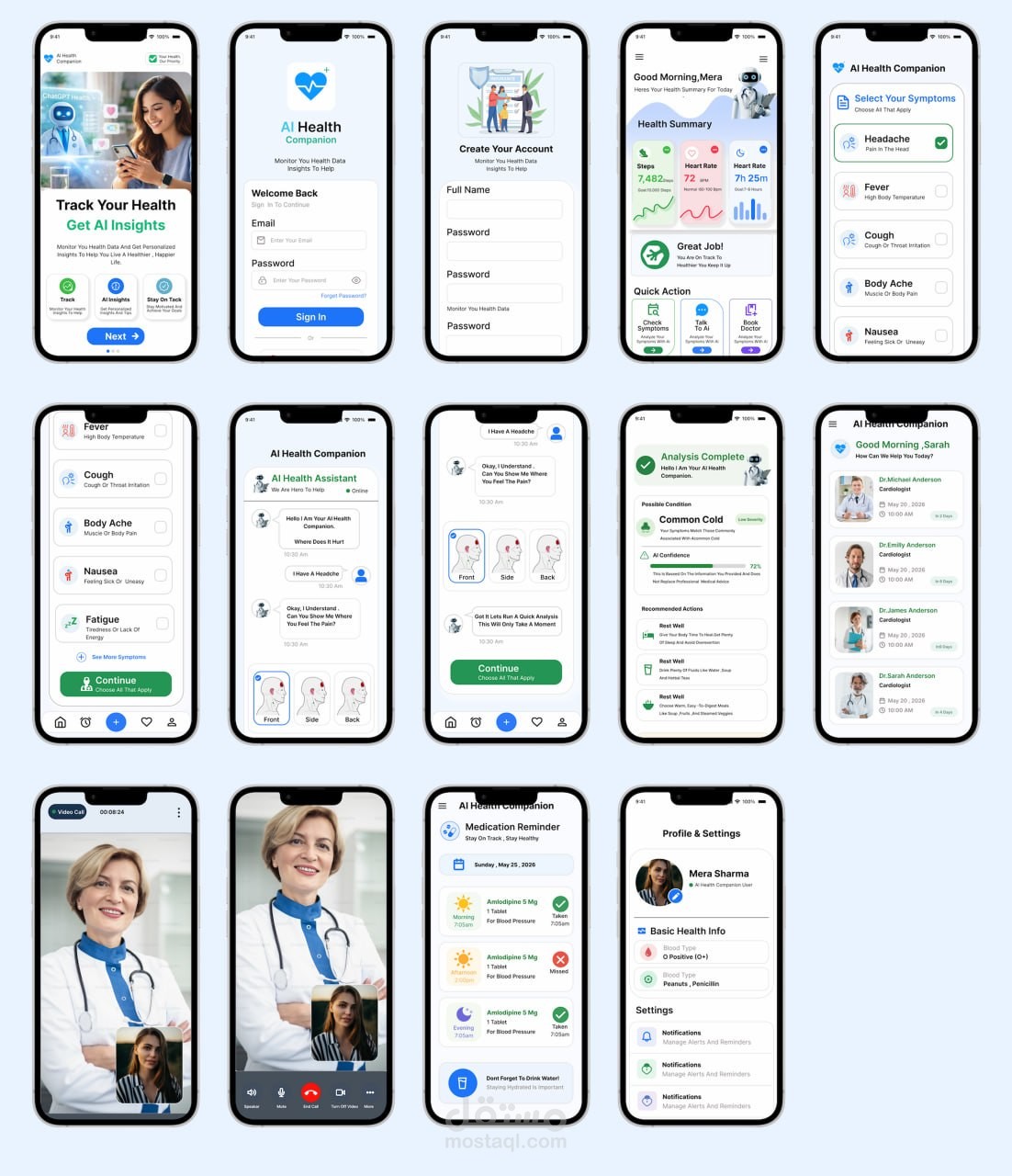تصميم واجهات مستخدم (UI/UX) لتطبيق صحي ذكي بالذكاء الاصطناعي | AI Health Companion