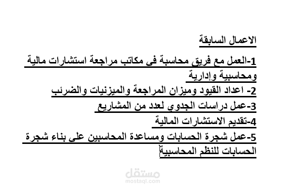 مدير مالي  تحليل مالي و بناء  النظم المالية ومساعدة المحاسبين علي بناء شجرة الحسابات وتقديم الاستشارات المالية وعمل القوائم المالية