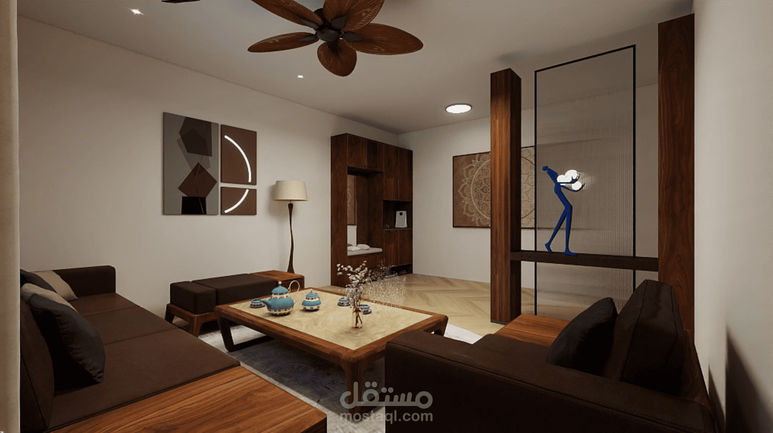 تصميم داخلي لريسبشن مودرن بلمسات خشبية دافئة (Modern Warm Living Room)