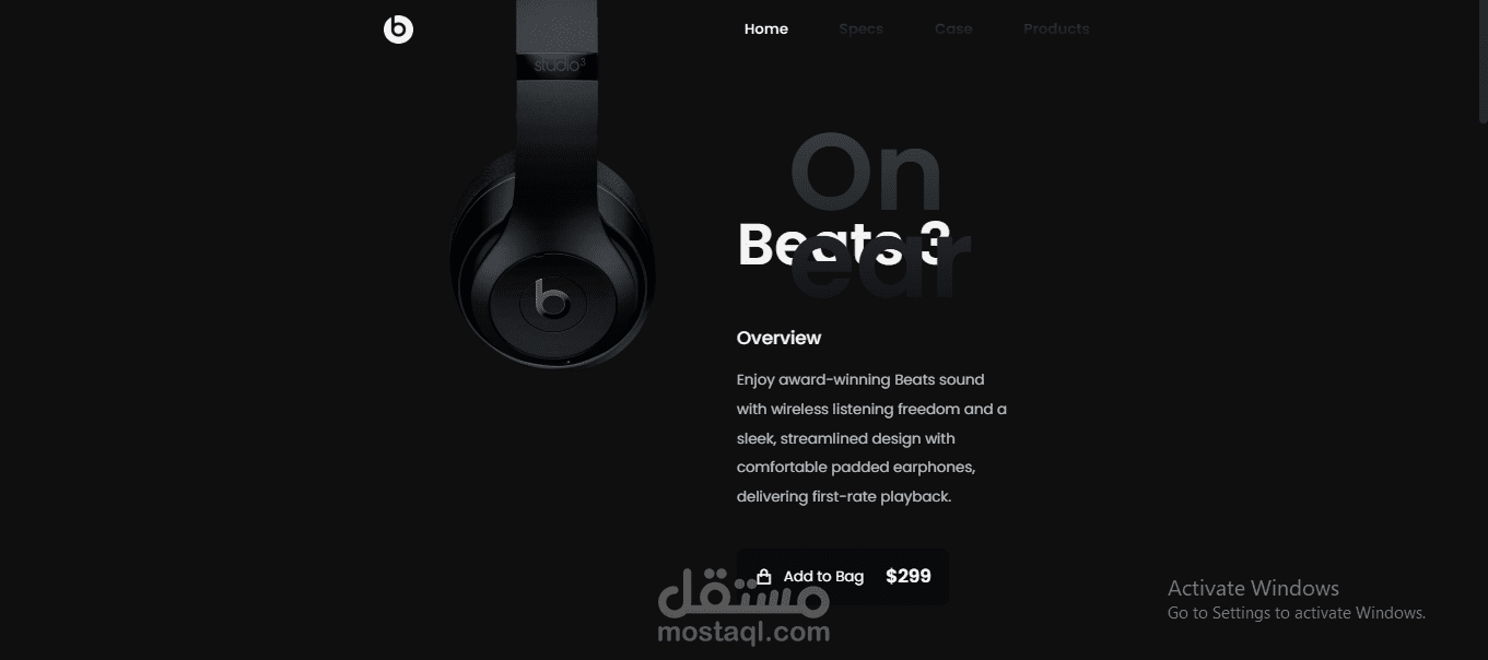 تصميم واجهة مستخدم أنيقة لعرض منتج Beats Studio3