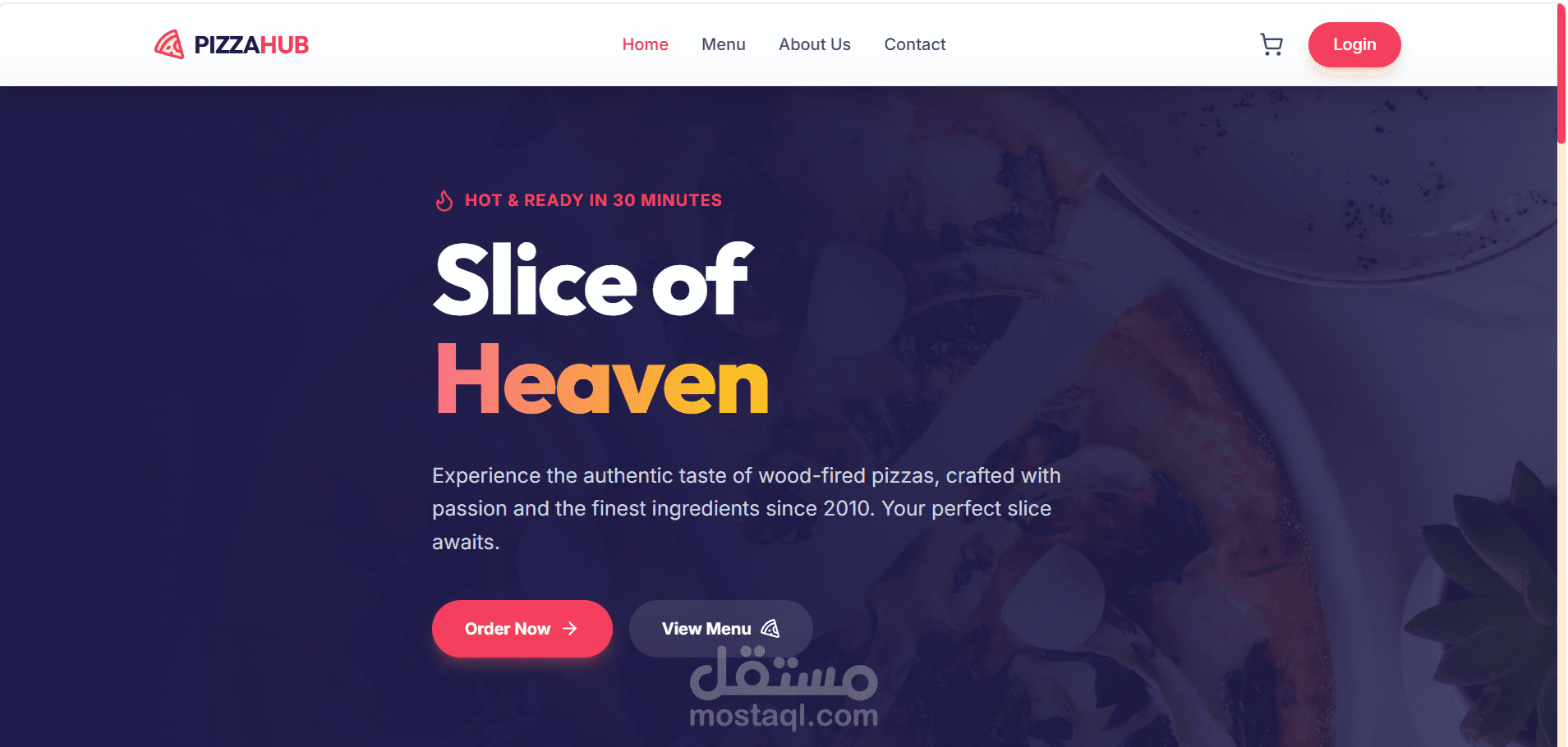 تصميم وتطوير موقع مطعم بيتزا باستخدام React وTailwind CSS وTypeScript.