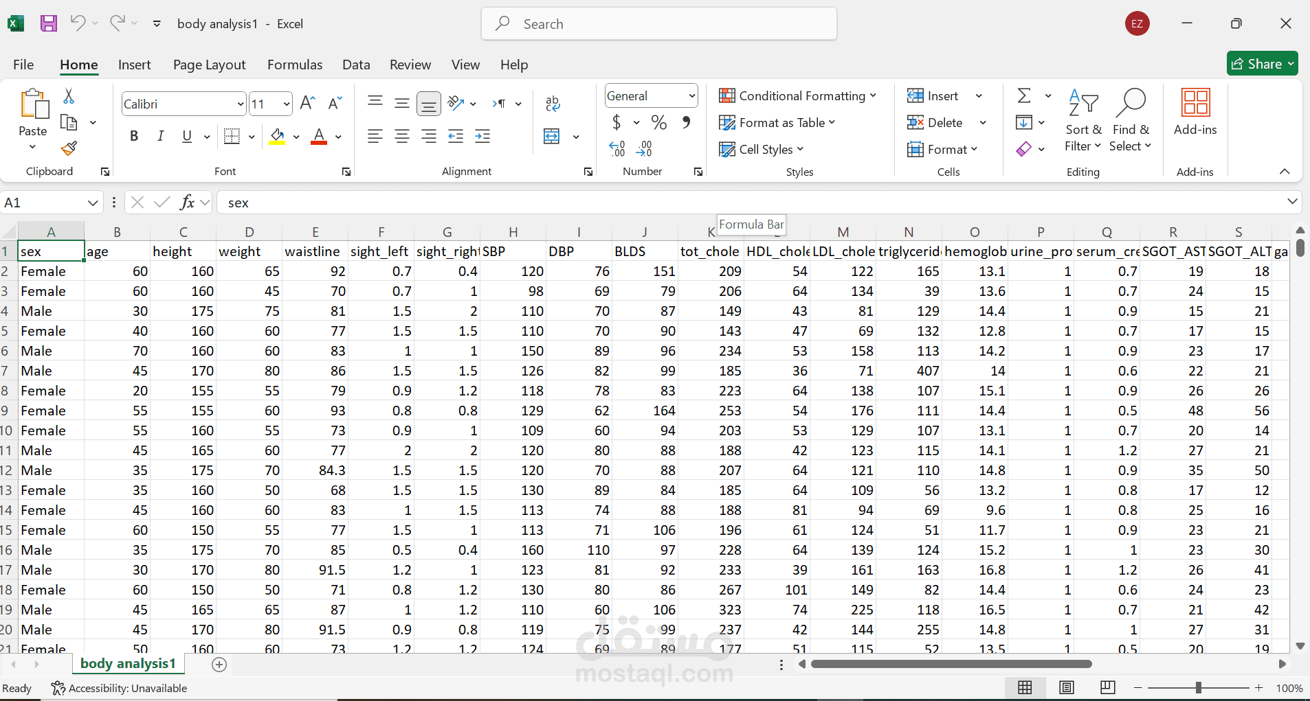 body analysis data collected