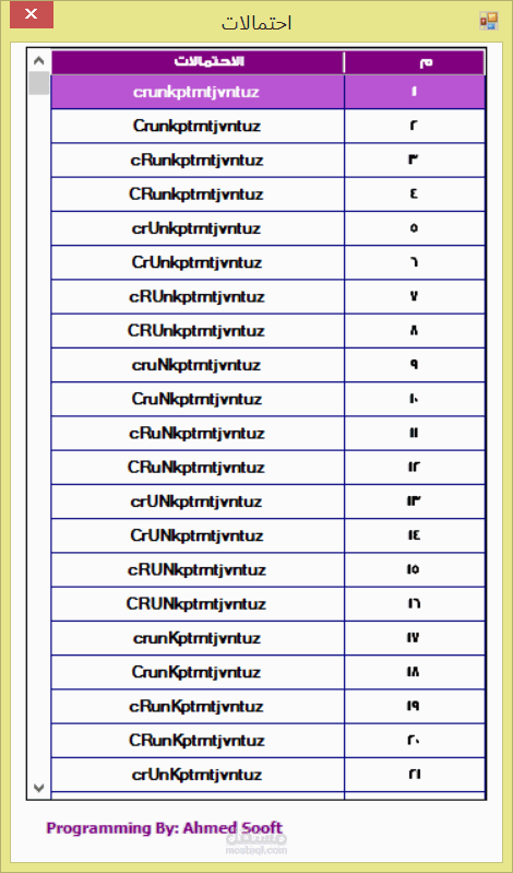 برنامج اخراج جميع احتمالات الحروف الكبيرة لكلمة معينة باللغة الانجليزية