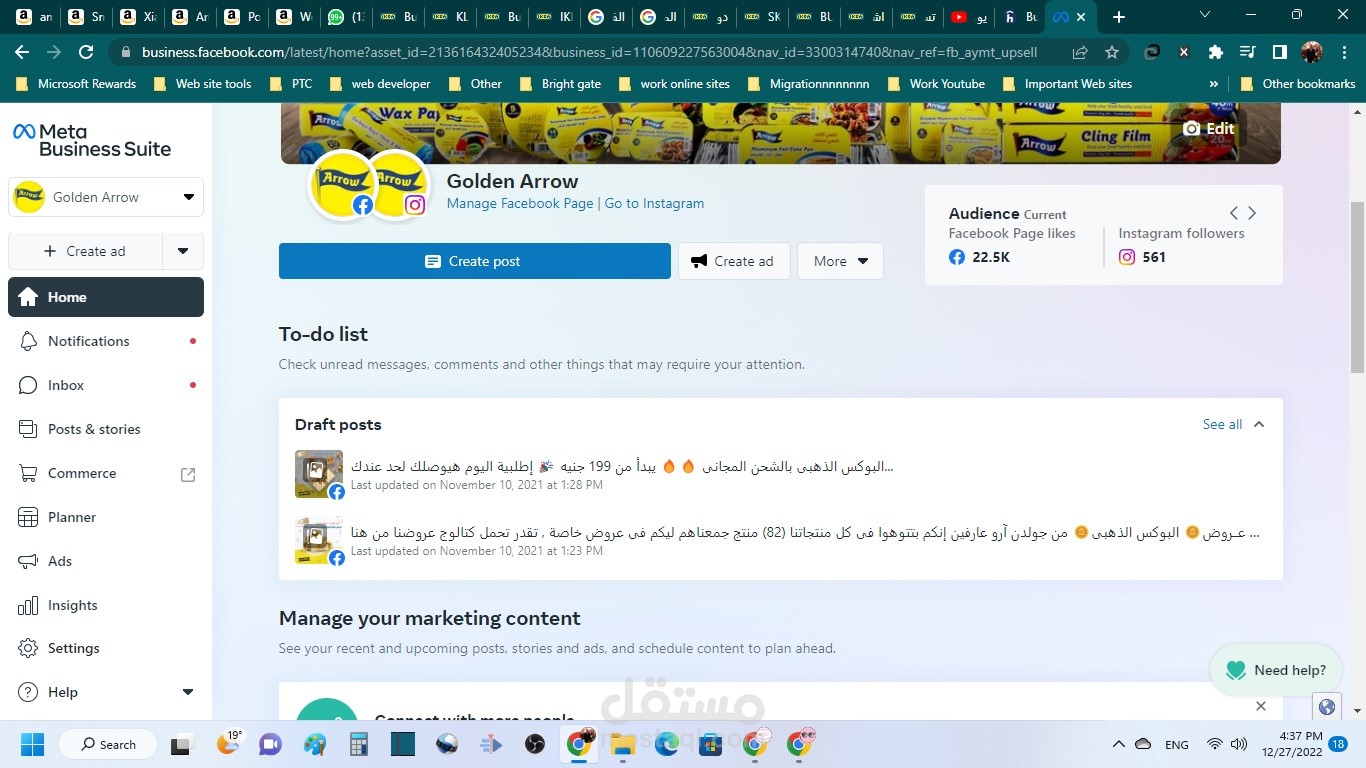 بناء صفحة تواصل لشركة Golden Arrow على Facebook