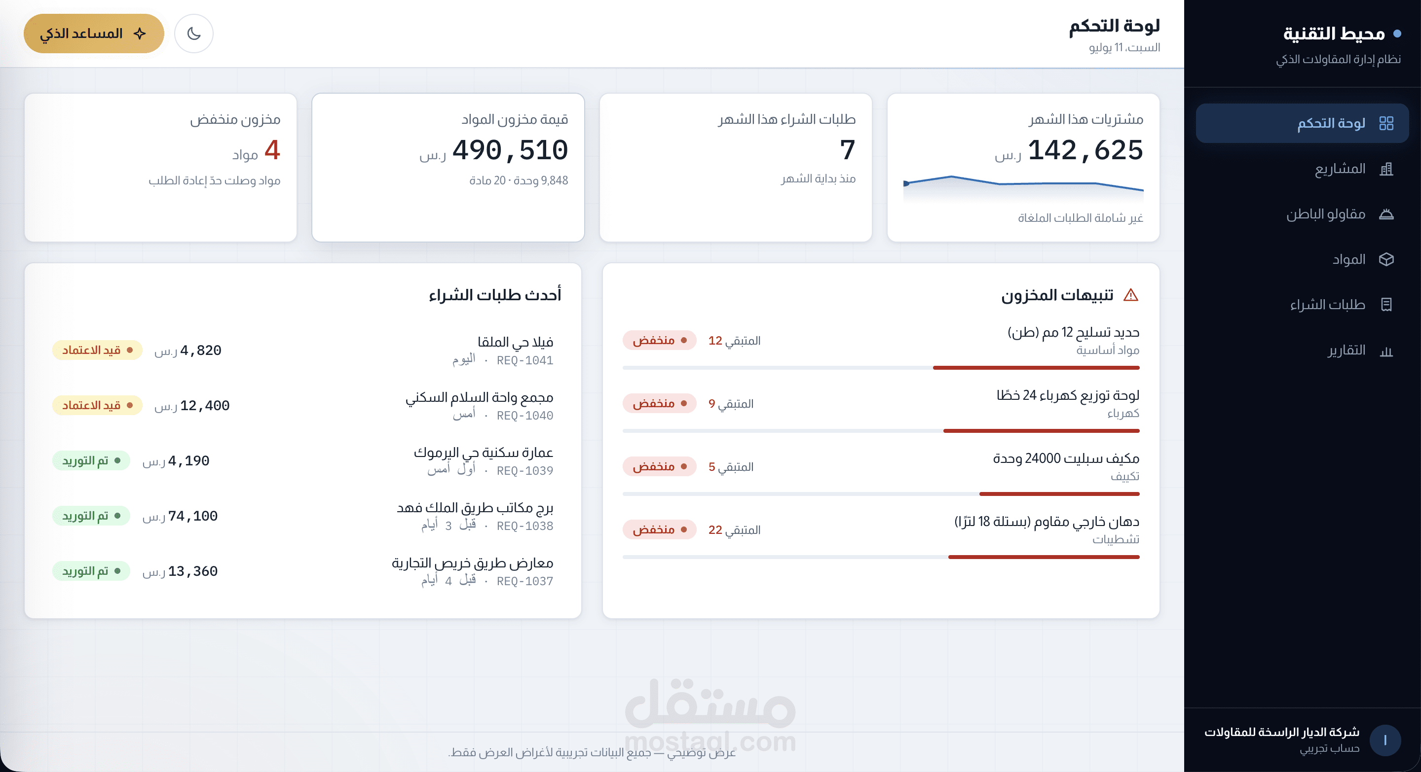 مساعد ذكي داخل نظام ERP، لوحة تحكم عربية RTL (نموذج تجريبي)