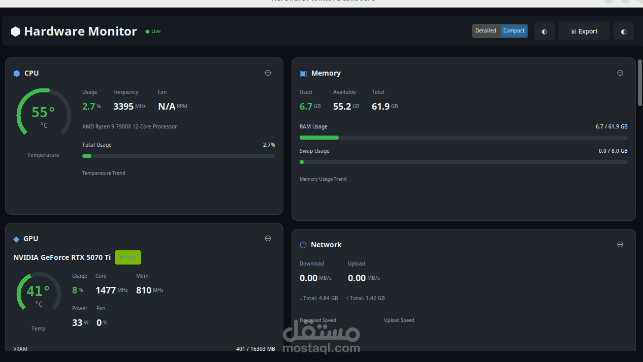 Hardware Monitor هو نظام متقدم لمراقبة أداء العتاد في الوقت الفعلي، مصمّم لعرض حالة المعالج CPU، الذاكرة Memory، بطاقة الرسوميات GPU، والشبكة Network ضمن واجهة حديثة وسهلة الاستخدام.