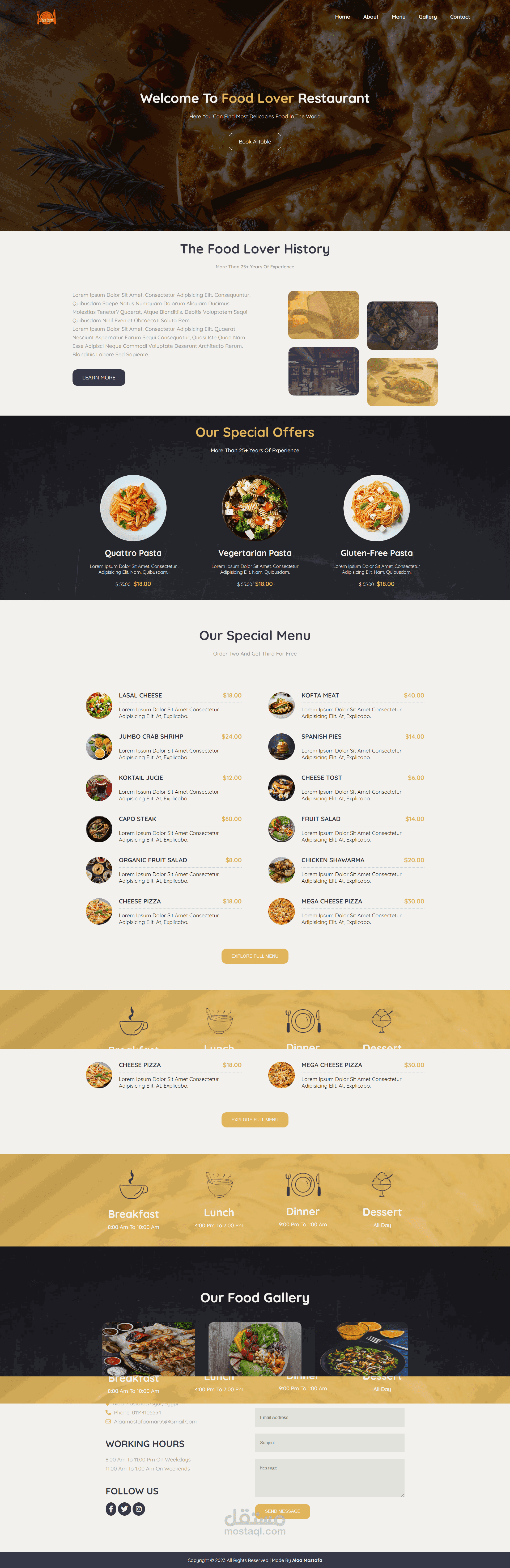 موقع إلكتروني لمطعم Food Lover - تصميم جذاب وتفاعلي يعرض قائمة الطعام والعروض الخاصة.