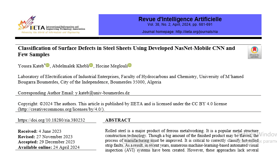 مقال بحثي بعنوان: تصنيف العيوب السطحية في صفائح الفولاذ باستخدام شبكة NasNet-Mobile CNN المطورة وعينات قليلة. Classification of Surface Defects in Steel Sheets Using Developed NasNet-Mobile CNN and Few Samples