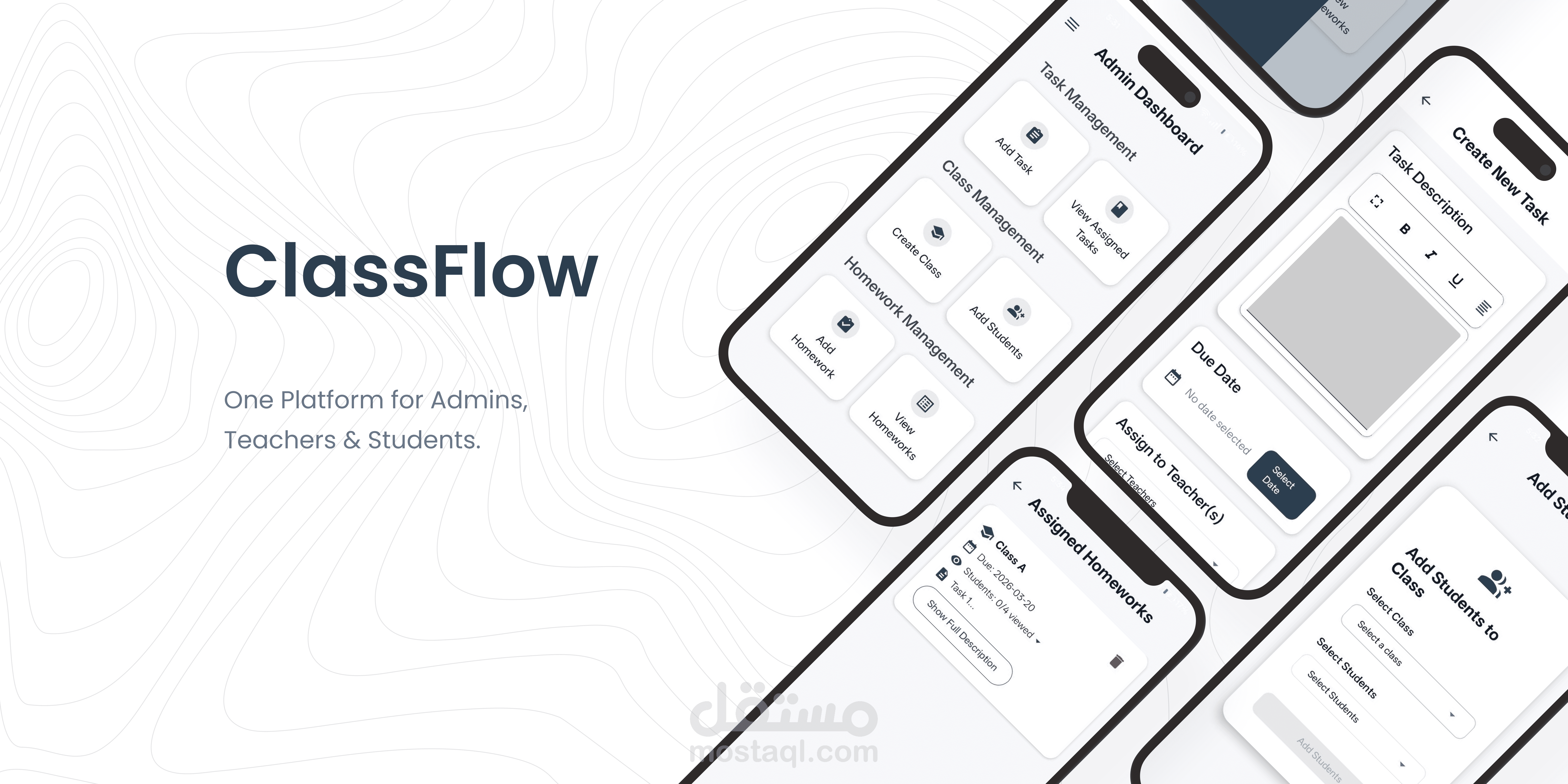 ClassFlow: تطبيق موبايل مخصص للمديرين والمعلمين والطلاب لإدارة المهام والواجبات الدراسية بكفاءة عالية.
