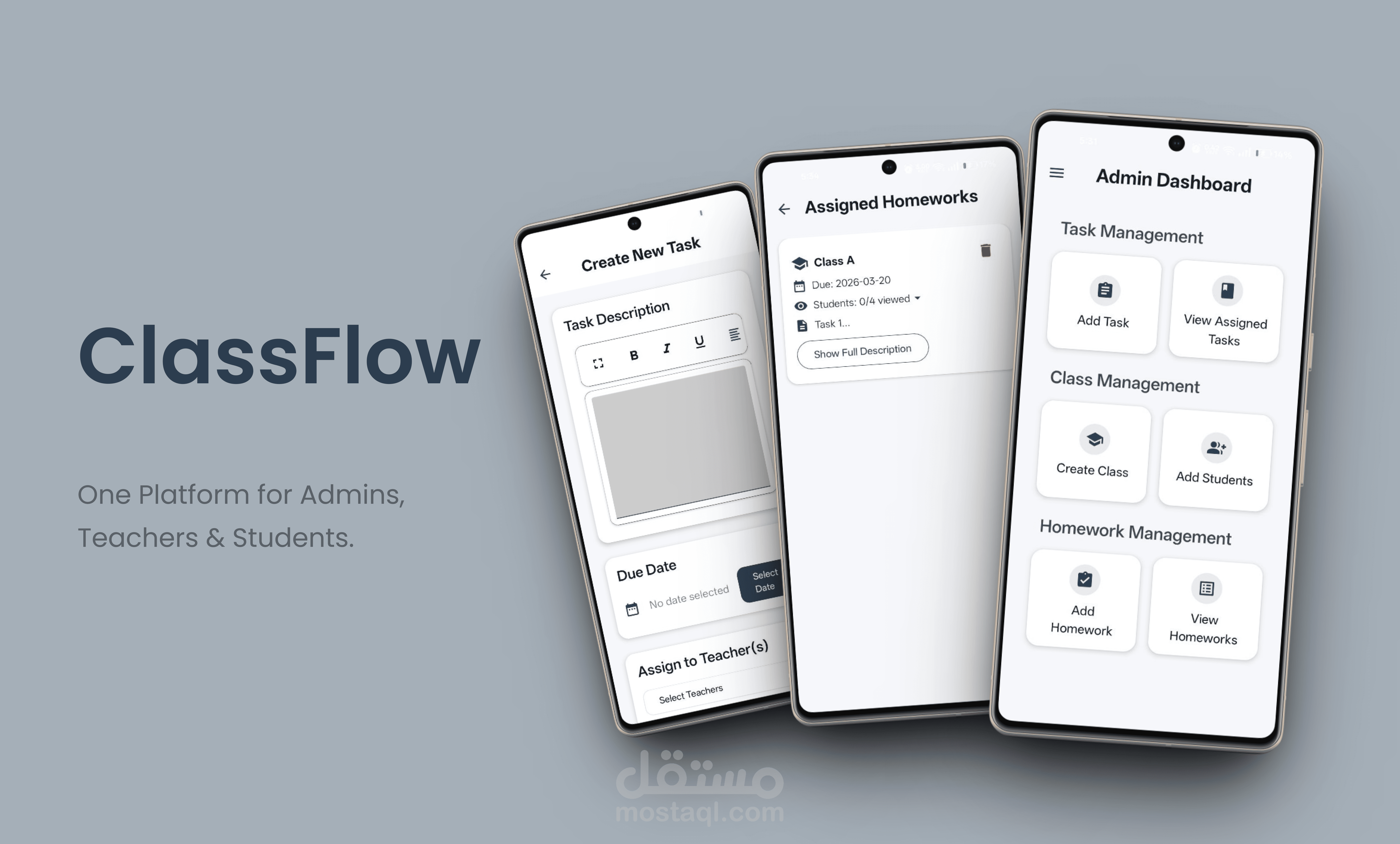 ClassFlow: تطبيق موبايل مخصص للمديرين والمعلمين والطلاب لإدارة المهام والواجبات الدراسية بكفاءة عالية.