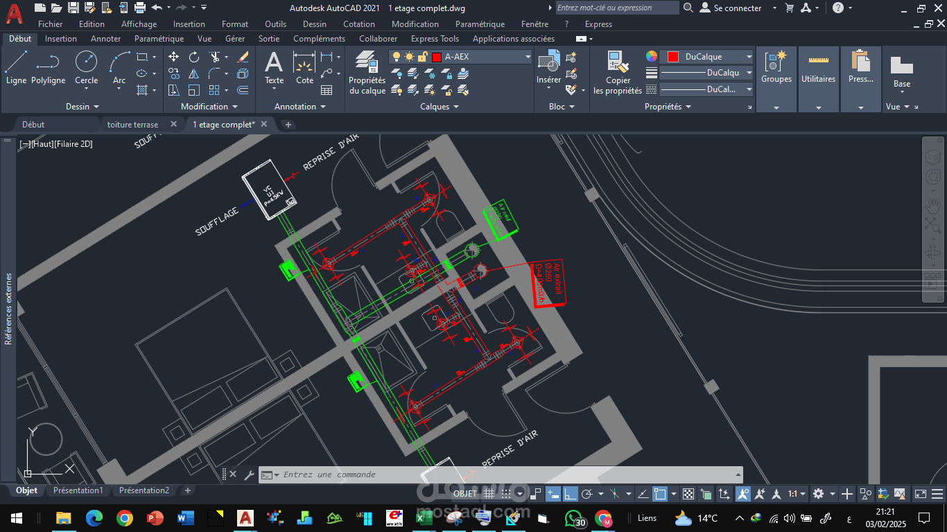 مخطط تقني لنظام التهوية والتكييف (HVAC) مرسوم باستخدام AutoCAD.