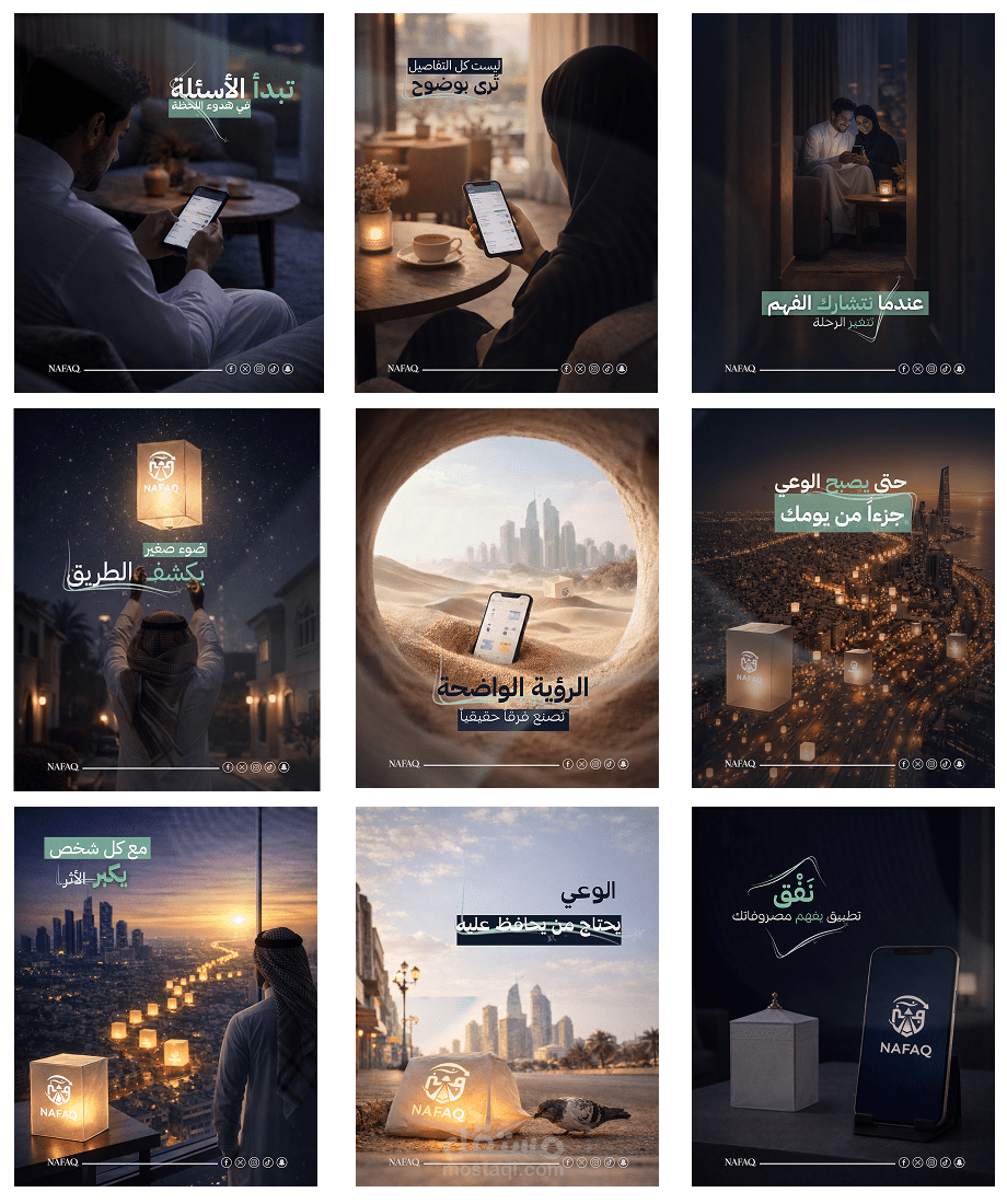تصميمات السوشيال ميديا لحملة إطلاق تطبيق نَفٌق لإدارة المصروفات
