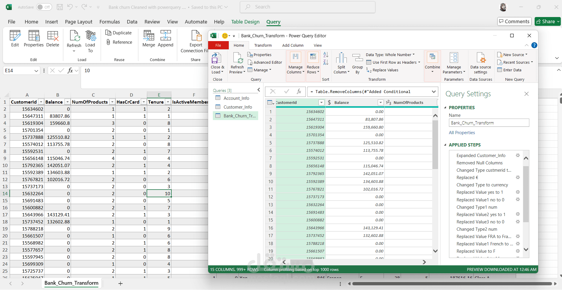 تنظيف ودمج بيانات فقدان العملاء في البنك باستخدام Excel Power Query