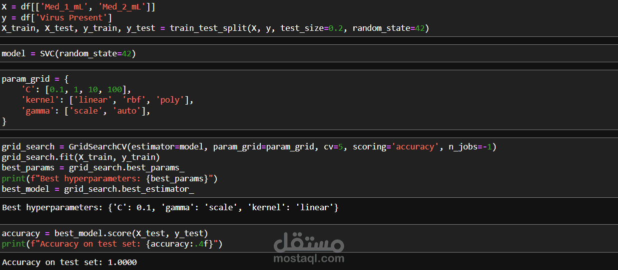 تصنيف البيانات باستخدام SVM (Support Vector Machine) مع بيانات Med_1_mL و Med_2_mL