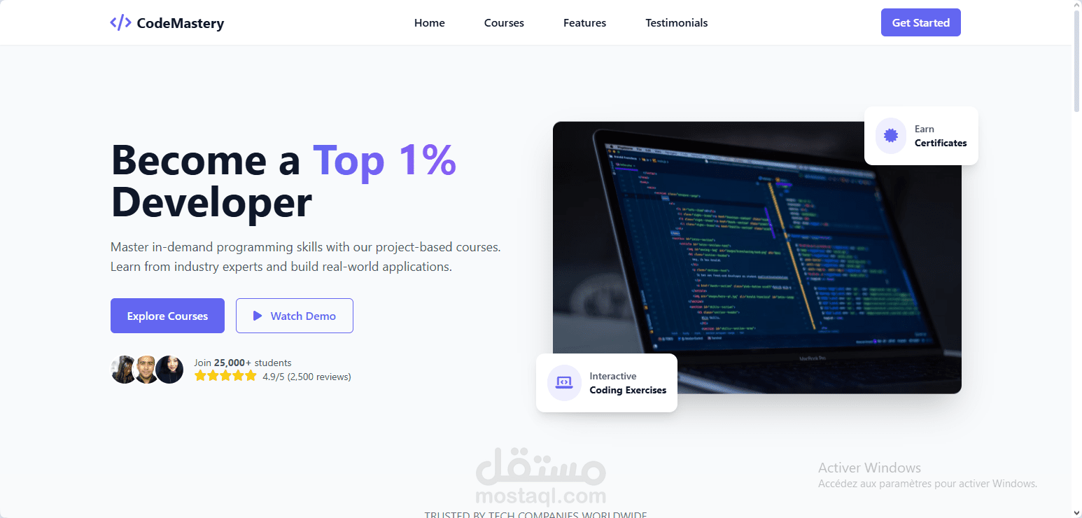 تصميم موقع تعليمي حديث باستخدام HTML5 وTailwind CSS: منصة CodeMastery للدورات البرمجية