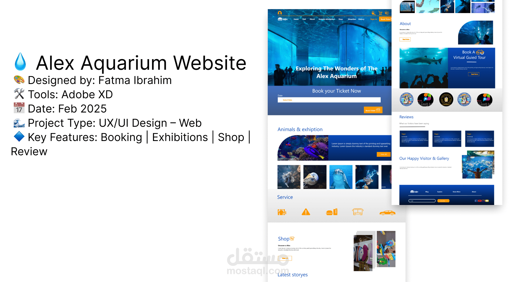 تصميم UX/UI لموقع أكواريوم بحري بتصميم عصري ومتجاوب , يشد الزوار ويعرض المعلومات بأسلوب بصري مميز