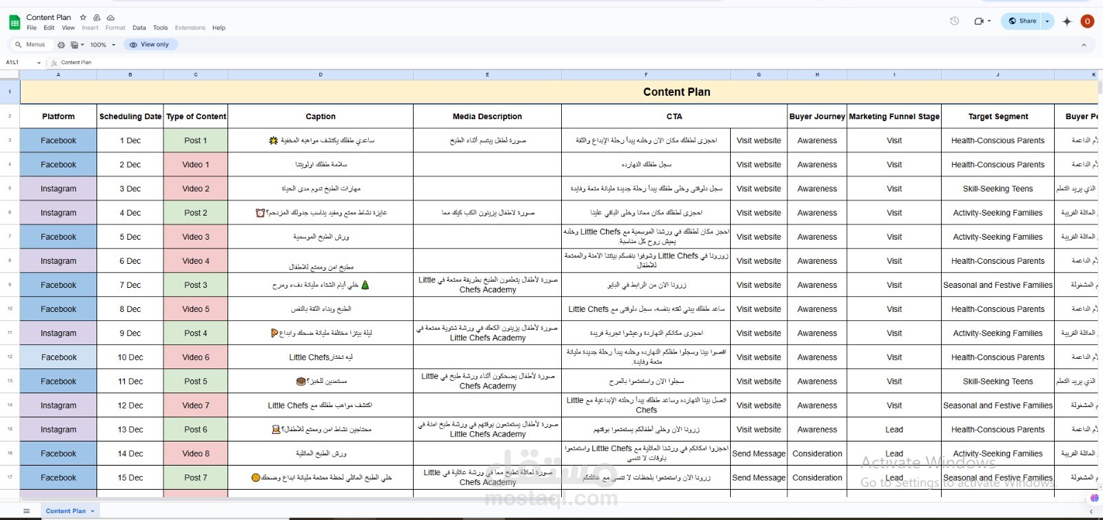 خطة محتوى لأكاديمية الطبخ للأطفال