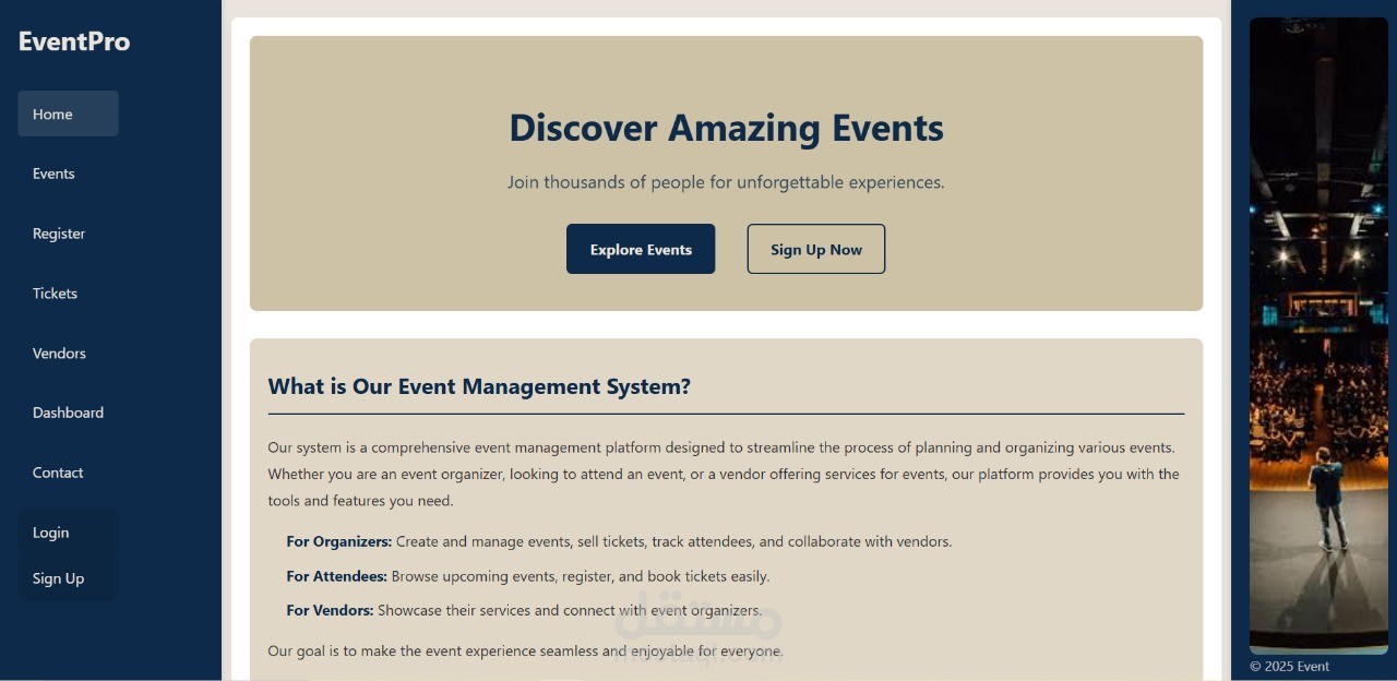 واجهة منصة EventPro لإدارة الفعاليات
