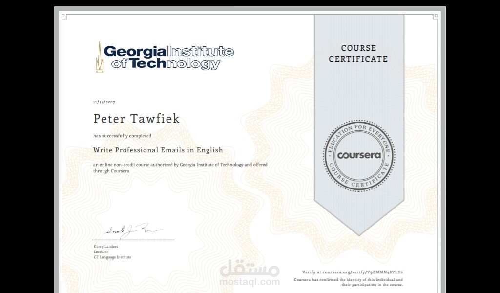 Write Professional Emails in English by Georgia Institute of Technology offered by Coursera