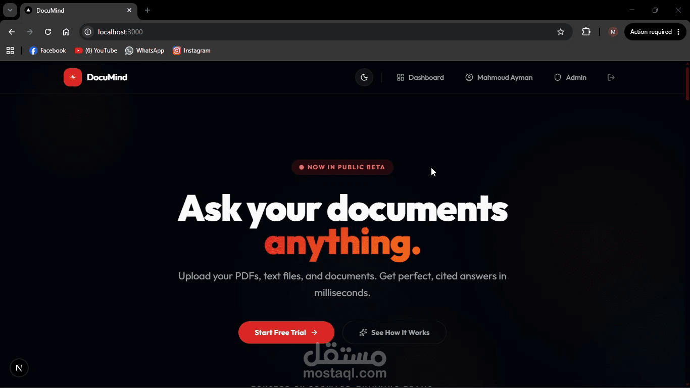 DocuMind — منصة SaaS للإجابة على أسئلتك من مستنداتك بتقنية RAG والذكاء الاصطناعي