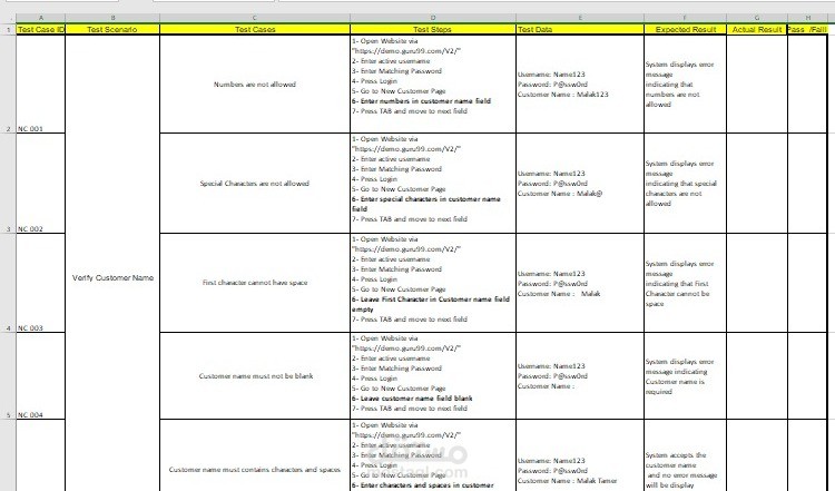 ملف Test Cases لاختبار تسجيل الدخول لموقع إلكتروني