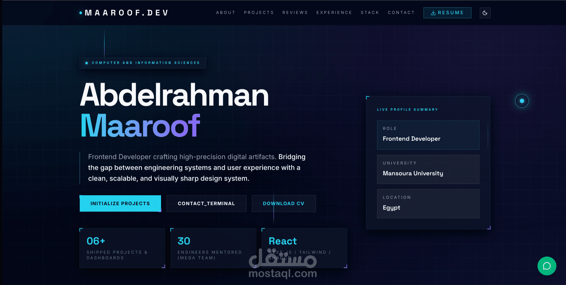 الموقع الشخصي ومعرض الأعمال المتقدم | MAAROOF.DEV (Next.js 16 & React 19)
