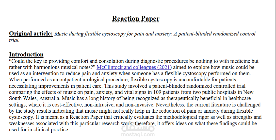 Reaction Paper Creation to an Article related to Urology