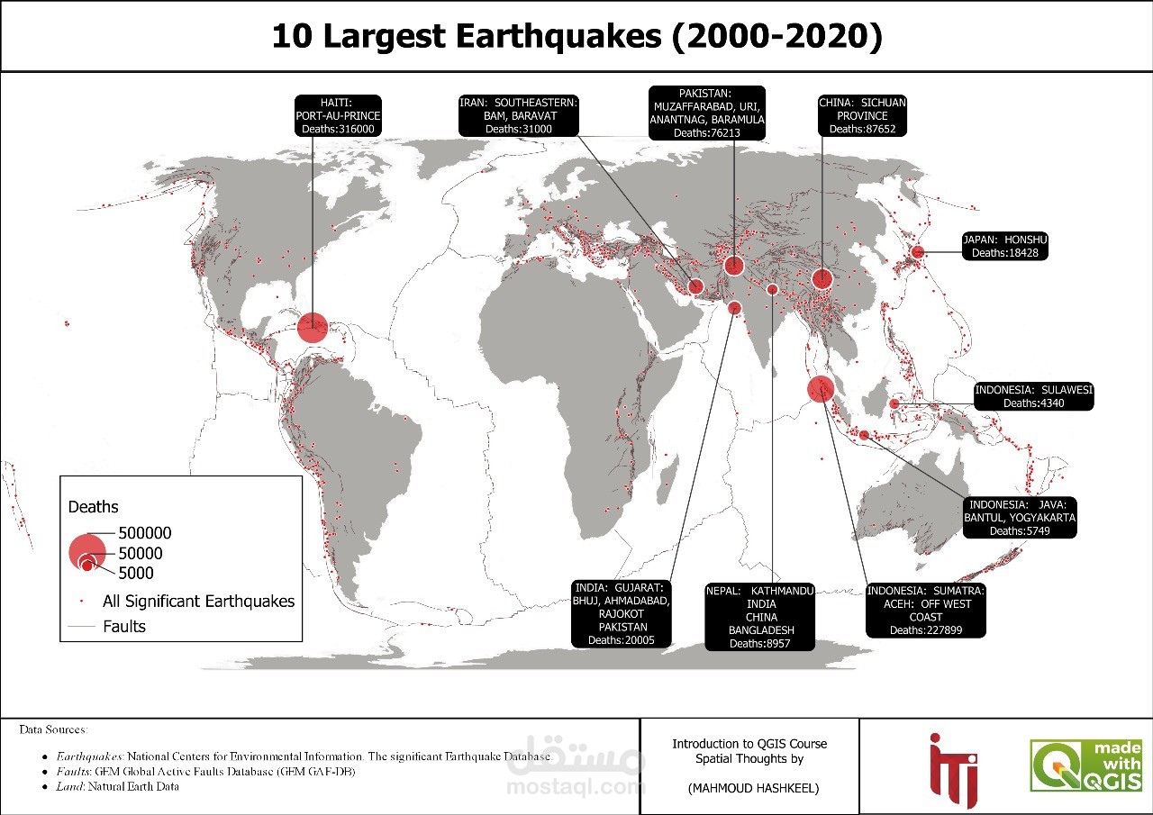 انشاء خريطه بها اكبر اماكن زلازل من 2000-2020