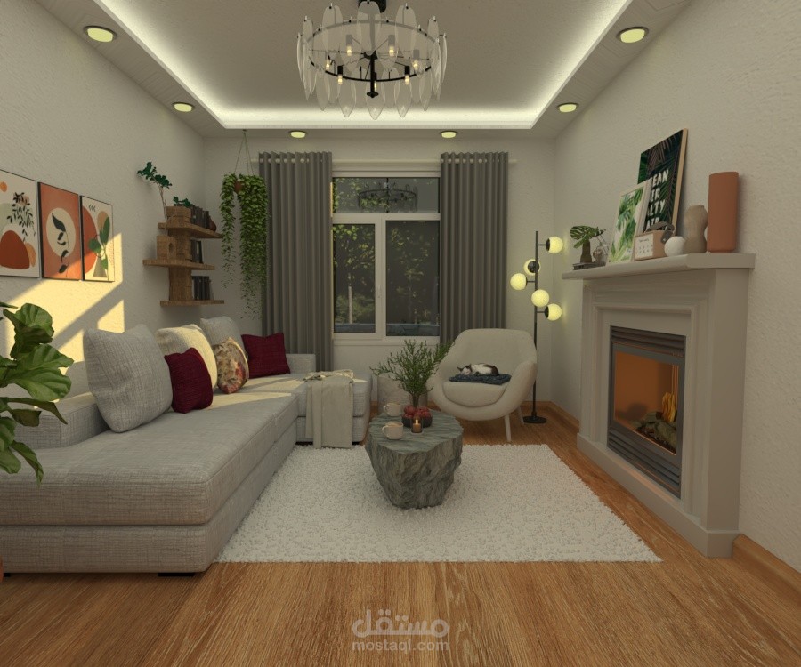 تصميم داخلي لغرفة جلوس باجواء دافئة
