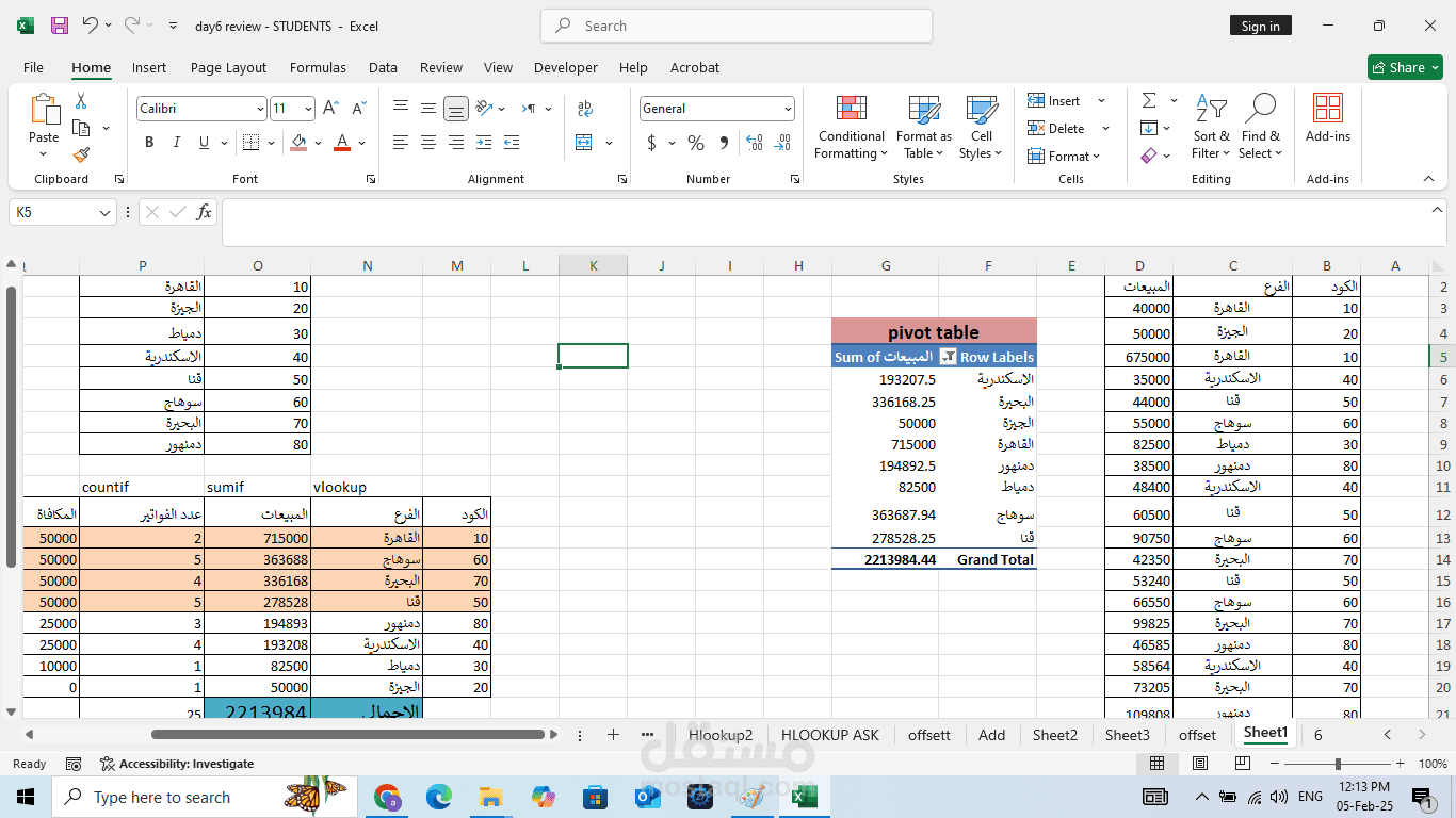 تنفيذ الدوال واستخدام pivot table  فى تحليل البيانات