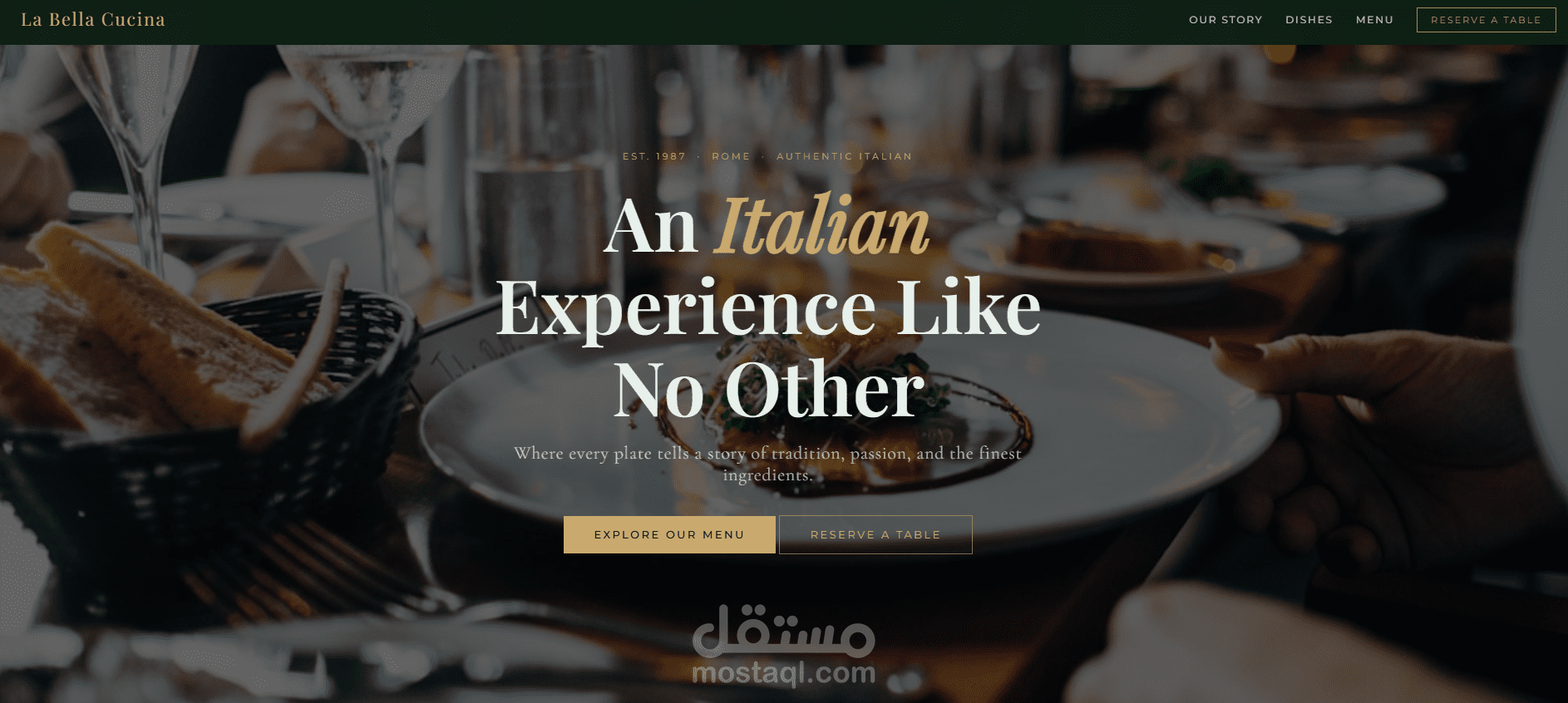 Landing page for a restaurant
