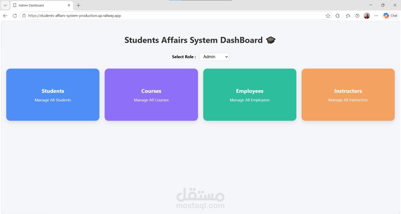 Dashboard متكامل لإدارة الطلاب والموظفين والمحاضرين والكورسات،