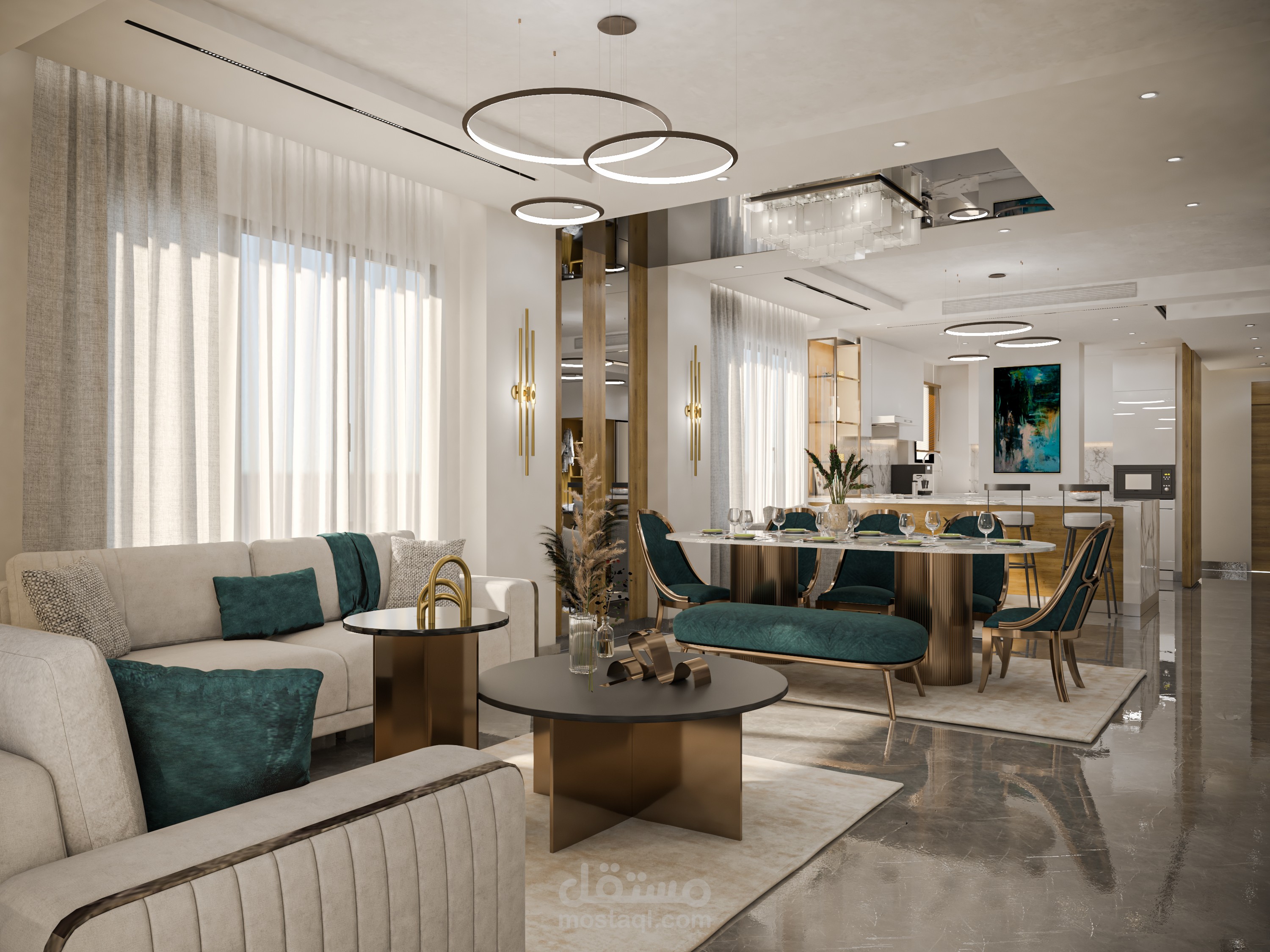 تصميم ثلاثي الأبعاد لرسيبشن مستطيل عصري يجمع بين الراحة والفخامة
