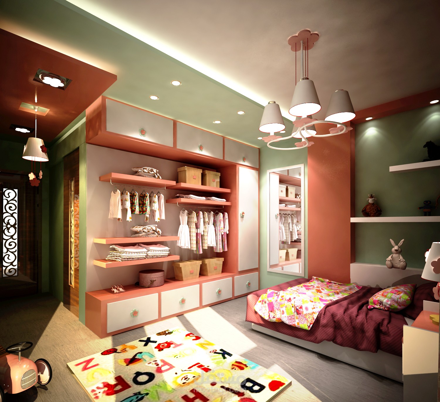 تصميم ثلاثي الأبعاد لغرفة نوم فتاة بأسلوب عصري وعملي