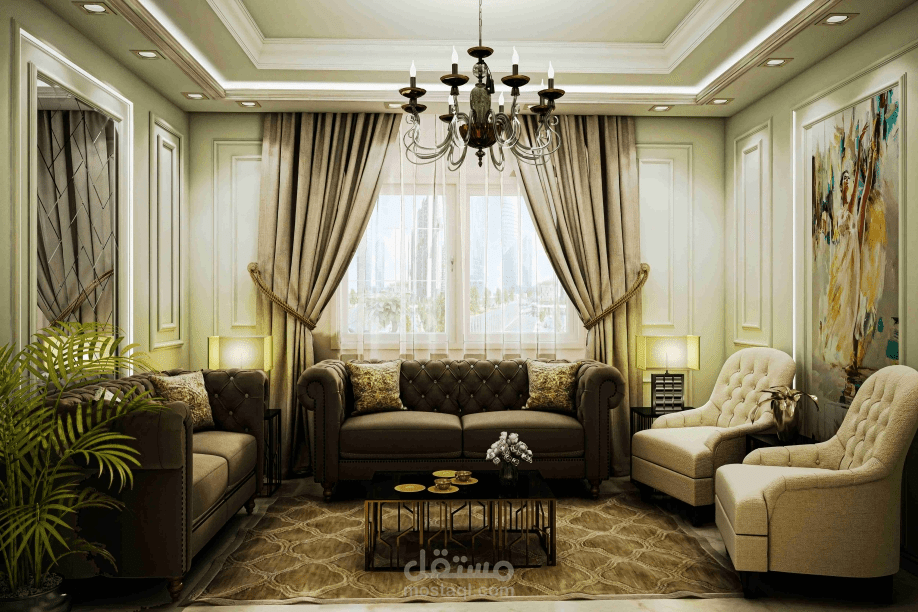تصميم داخلي كلاسيكي أنيق لغرفة معيشة بألوان حيادية راقية