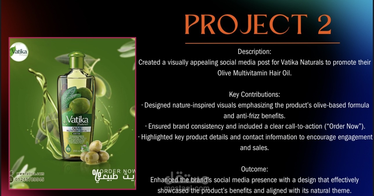 Created a visually appealing social media post for Vatika Naturals to promote their Olive Multivitamin Hair Oil.