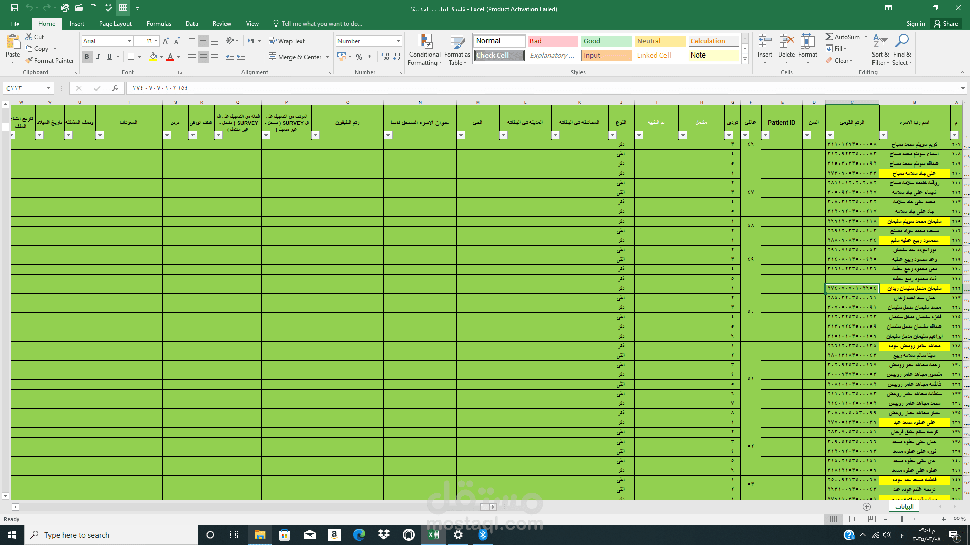 Microsoft Excel Worksheet ( تصميم قاعدة بيانات منشاءه صحية )