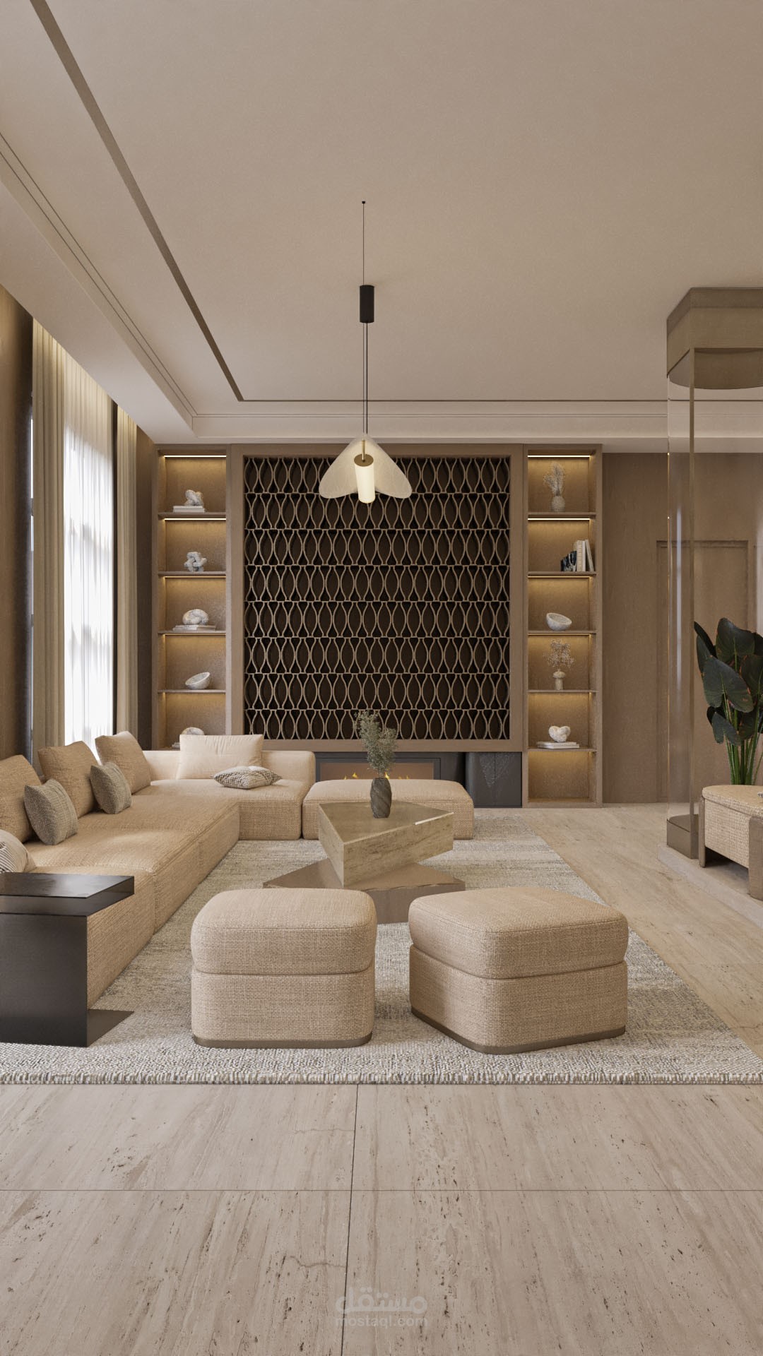 تصميم داخلي لفراغين صالةالمعيشة مع طاولة الطعام