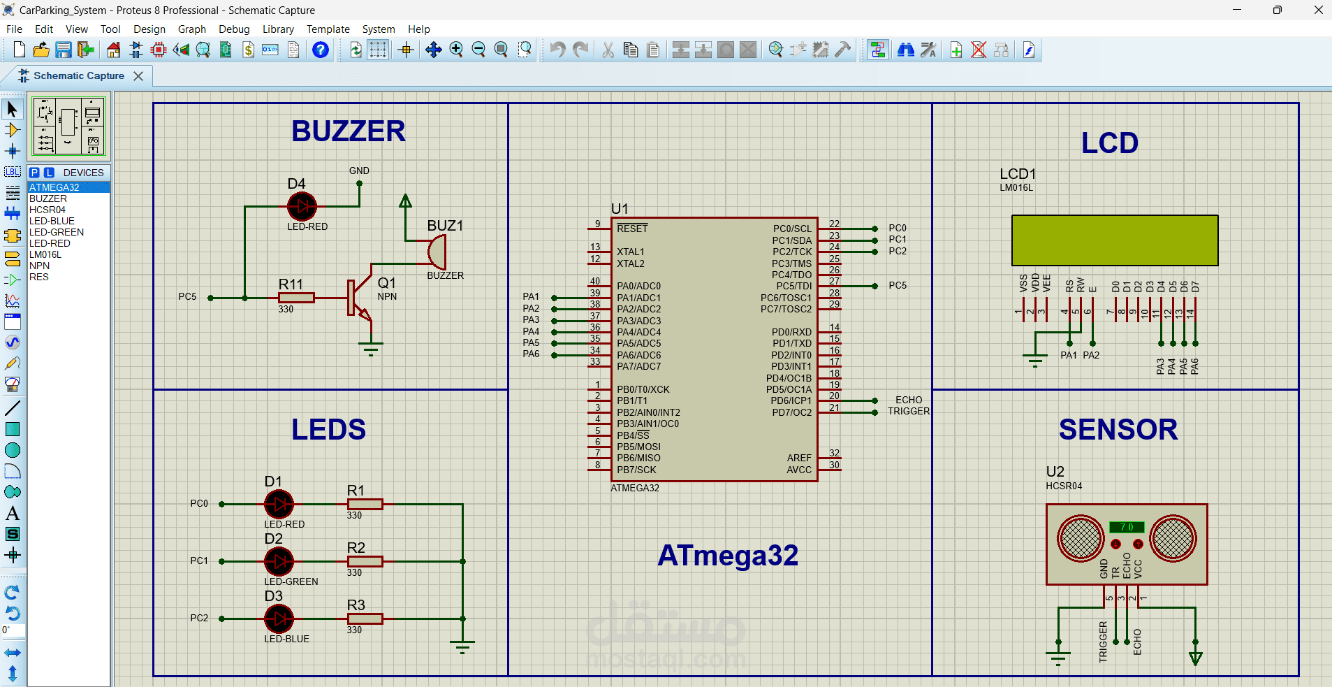 Car Parking Sensor Using ATmega32, Ultrasonic Sensor, LCD Display, LEDs,  and Buzzer.