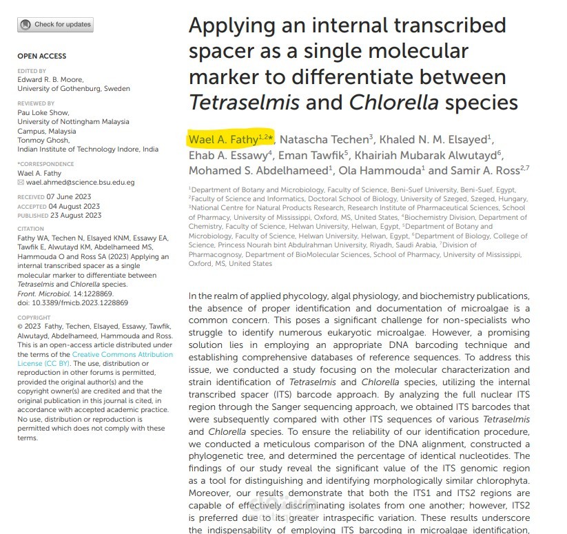 Applying an internal transcribed spacer as a single molecular marker to differentiate between Tetraselmis and Chlorella species